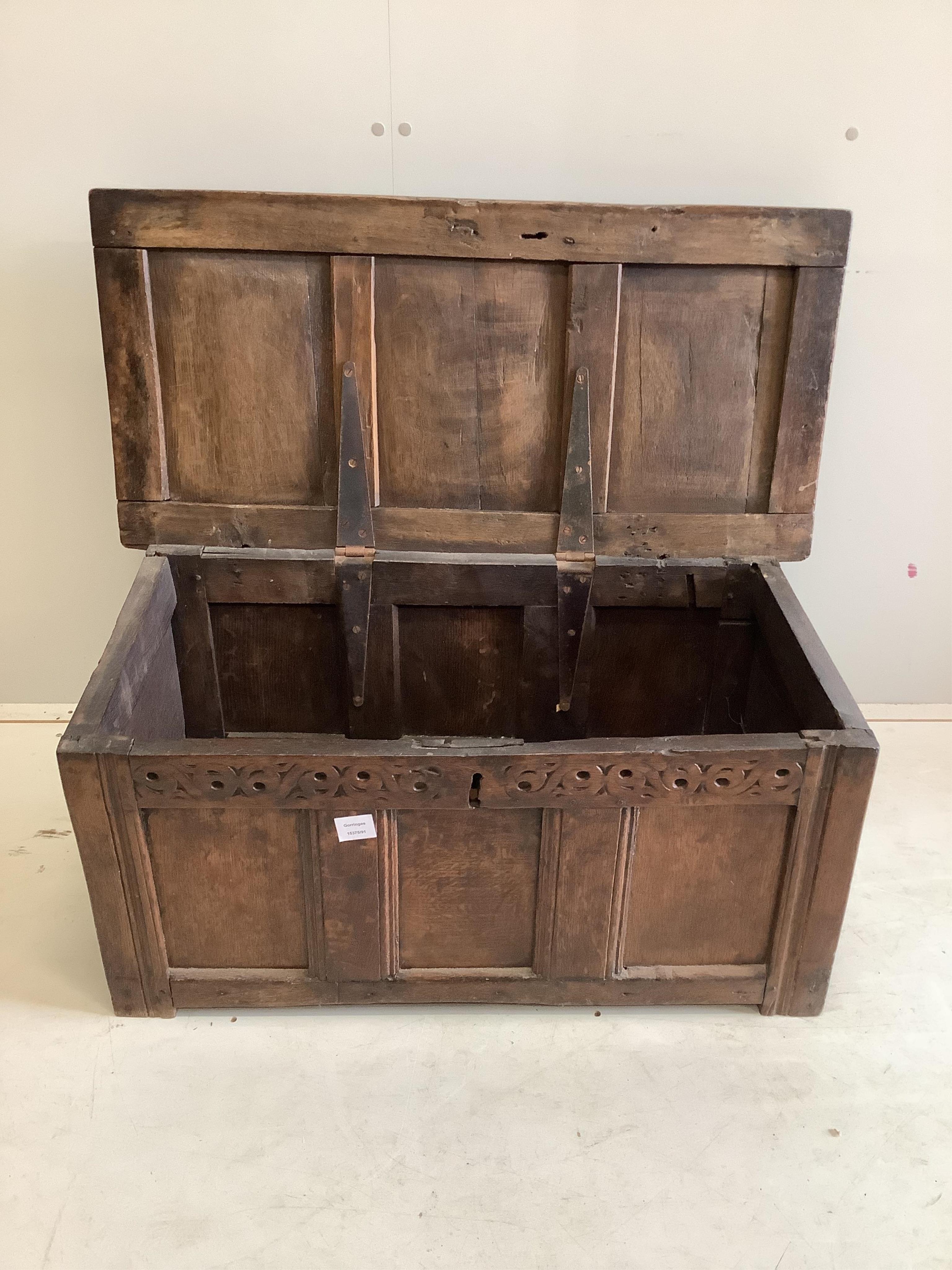 A late 17th century panelled oak coffer, width 94cm, depth 45cm, height 41cm. Condition - fair